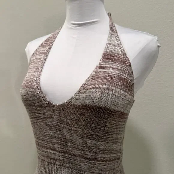 Sans Souci Halter Knit Mini Dress Brown Neutral Stretch Bodycon Large Vacation - Picture 5 of 9